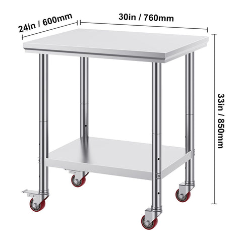 Stainless Steel Work Table with Wheels 24 x 30 Prep Table with casters Heavy Duty Work Table for Commercial Kitchen Restaurant Business (24 x 30 x 33.8 Inch)