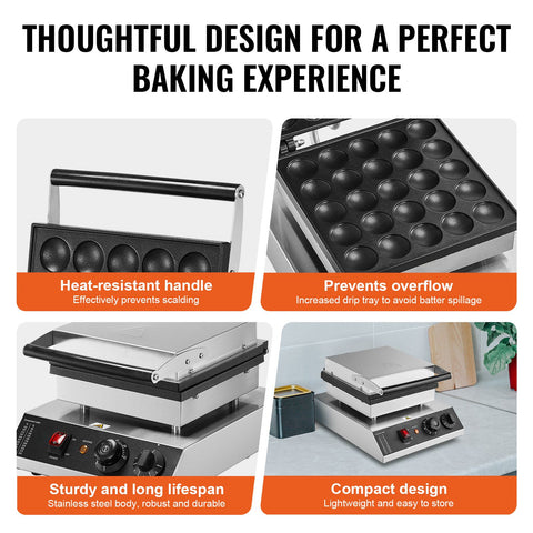 Mini Dutch Pancake Maker, 25PCS 43mm Diameter Dorayaki Baker Machine, 1700W Commercial Electric Poffertjes Grill, Non-stick Stainless Steel, Temp & Time Control, for Home Kitchen Restaurant