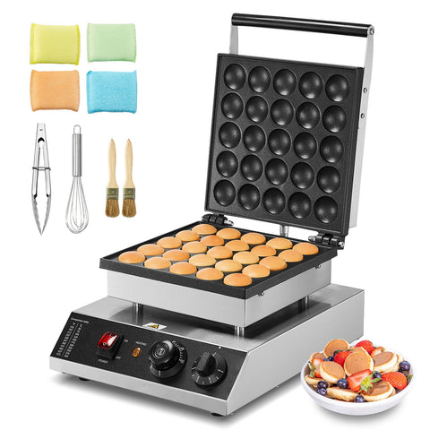 Mini Dutch Pancake Maker, 25PCS 43mm Diameter Dorayaki Baker Machine, 1700W Commercial Electric Poffertjes Grill, Non-stick Stainless Steel, Temp & Time Control, for Home Kitchen Restaurant