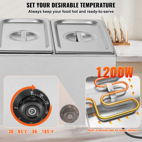 3-Pan Commercial Food Warmer, 16.5L Electric Steam Table, 1200W Professional Countertop Stainless Steel Buffet Bain Marie with 30 - 85℃ Temp Control for Catering and Restaurants, Silver