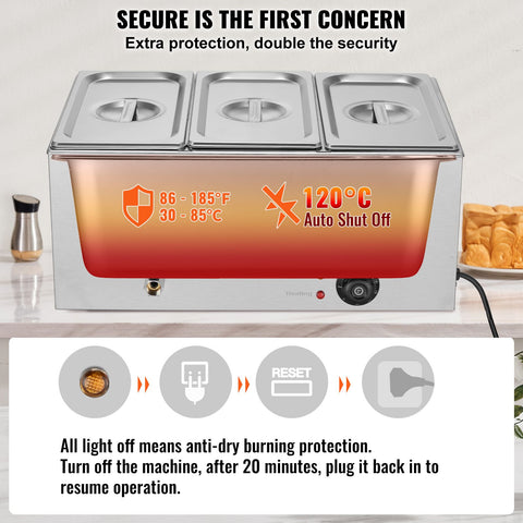 3-Pan Commercial Food Warmer, 16.5L Electric Steam Table, 1200W Professional Countertop Stainless Steel Buffet Bain Marie with 30 - 85℃ Temp Control for Catering and Restaurants, Silver