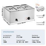 3-Pan Commercial Food Warmer, 16.5L Electric Steam Table, 1200W Professional Countertop Stainless Steel Buffet Bain Marie with 30 - 85℃ Temp Control for Catering and Restaurants, Silver