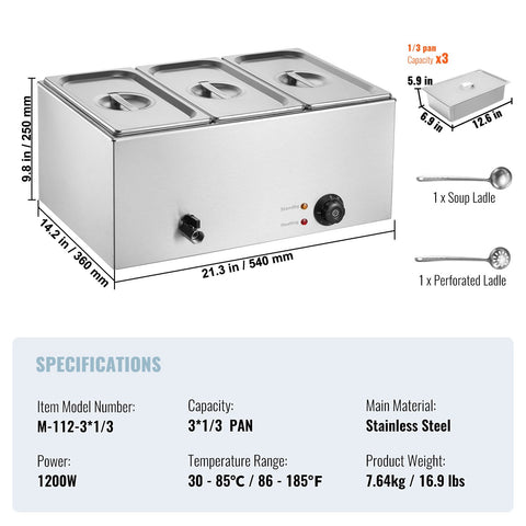 3-Pan Commercial Food Warmer, 16.5L Electric Steam Table, 1200W Professional Countertop Stainless Steel Buffet Bain Marie with 30 - 85℃ Temp Control for Catering and Restaurants, Silver