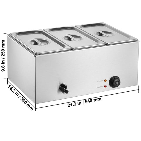3-Pan Commercial Food Warmer, 16.5L Electric Steam Table, 1200W Professional Countertop Stainless Steel Buffet Bain Marie with 30 - 85℃ Temp Control for Catering and Restaurants, Silver