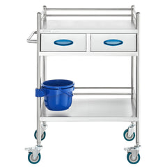 VEVOR Lab Serving Cart, 2 Layers Stainless Steel Utility Rolling Cart, Medical Cart with Two Drawers, Dental Utility Cart with Lockable Wheels and A Bucket, for Laboratory, Hospital, Dental Use