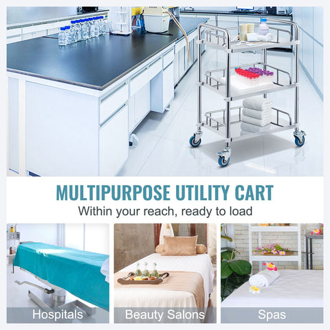 Lab Rolling Cart, 3-Shelf Stainless Steel Rolling Cart, Lab Serving Cart with Swivel Casters, Dental Utility Cart for Clinic, Lab, Hospital, Salon, 26.38"x15.55"x34.13"
