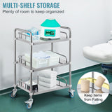 Lab Rolling Cart, 3-Shelf Stainless Steel Rolling Cart, Lab Serving Cart with Swivel Casters, Dental Utility Cart for Clinic, Lab, Hospital, Salon, 26.38"x15.55"x34.13"