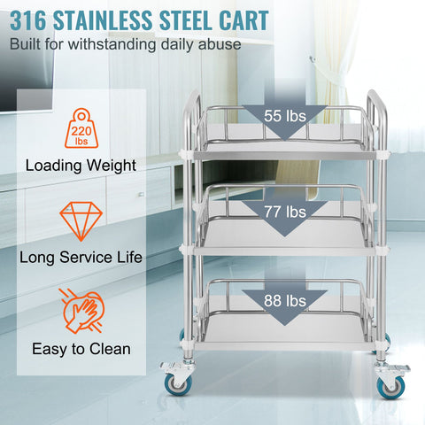 Lab Rolling Cart, 3-Shelf Stainless Steel Rolling Cart, Lab Serving Cart with Swivel Casters, Dental Utility Cart for Clinic, Lab, Hospital, Salon, 26.38"x15.55"x34.13"