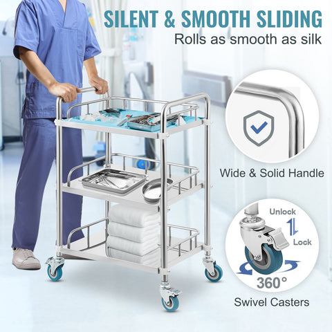 Lab Rolling Cart, 3-Shelf Stainless Steel Rolling Cart, Lab Serving Cart with Swivel Casters, Dental Utility Cart for Clinic, Lab, Hospital, Salon, 26.38"x15.55"x34.13"