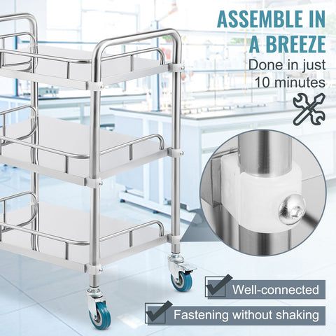 Lab Rolling Cart, 3-Shelf Stainless Steel Rolling Cart, Lab Serving Cart with Swivel Casters, Dental Utility Cart for Clinic, Lab, Hospital, Salon, 26.38"x15.55"x34.13"