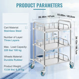 Lab Rolling Cart, 3-Shelf Stainless Steel Rolling Cart, Lab Serving Cart with Swivel Casters, Dental Utility Cart for Clinic, Lab, Hospital, Salon, 26.38"x15.55"x34.13"
