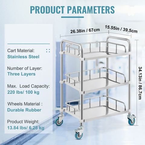 Lab Rolling Cart, 3-Shelf Stainless Steel Rolling Cart, Lab Serving Cart with Swivel Casters, Dental Utility Cart for Clinic, Lab, Hospital, Salon, 26.38"x15.55"x34.13"