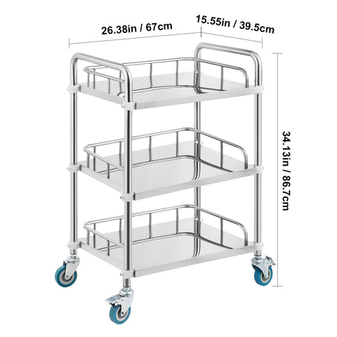 Lab Rolling Cart, 3-Shelf Stainless Steel Rolling Cart, Lab Serving Cart with Swivel Casters, Dental Utility Cart for Clinic, Lab, Hospital, Salon, 26.38"x15.55"x34.13"