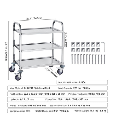 VEVOR Stainless Steel Cart, 3 Layers Lab Utility Cart 181 kg Weight Capacity, Medical Cart with Lockable Universal Wheels, for Lab, Clinic, Kitchen, Salon