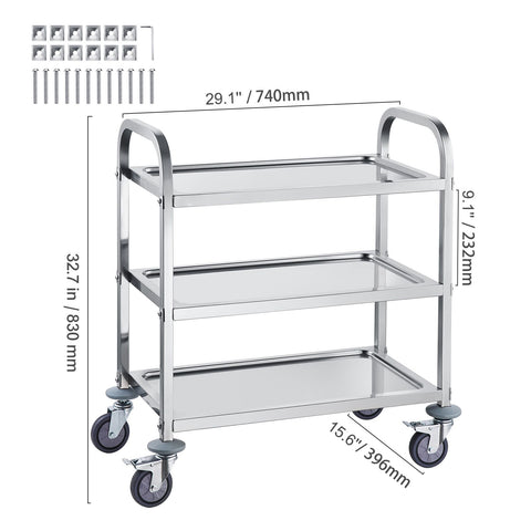 VEVOR Stainless Steel Cart, 3 Layers Lab Utility Cart 181 kg Weight Capacity, Medical Cart with Lockable Universal Wheels, for Lab, Clinic, Kitchen, Salon