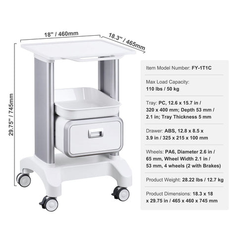 2 Tiers Lab Carts Mobile Medical Cart with 1 Drawer & 1 Top Tray White