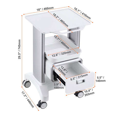 2 Tiers Lab Carts Mobile Medical Cart with 1 Drawer & 1 Top Tray White
