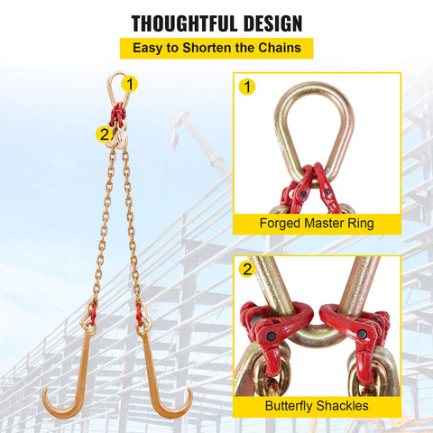 V Bridle Chain, 5/16 in x 2 ft Bridle Tow Chain, Grade 80 V-Bridle Transport Chain, 9260 Lbs Break Strength with TJ Hooks and Crab Hooks, Heavy Duty Pear Link Connector and Chain Shorteners
