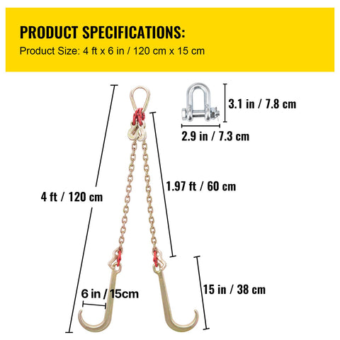 V Bridle Chain, 5/16 in x 2 ft Bridle Tow Chain, Grade 80 V-Bridle Transport Chain, 9260 Lbs Break Strength with TJ Hooks and Crab Hooks, Heavy Duty Pear Link Connector and Chain Shorteners