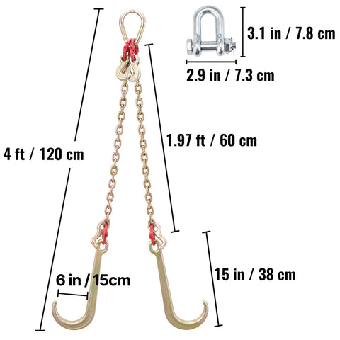 V Bridle Chain, 5/16 in x 2 ft Bridle Tow Chain, Grade 80 V-Bridle Transport Chain, 9260 Lbs Break Strength with TJ Hooks and Crab Hooks, Heavy Duty Pear Link Connector and Chain Shorteners