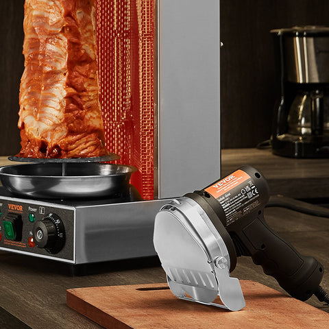 Electric Shawarma Knife, 80W Professional Turkish Kebab Knife, Commercial Stainless Steel Gyro Cutter, Doner Kebab Meat Slicer with 2 Blades, 100mm Blade Diameter, 0-8mm Adjustable Thickness