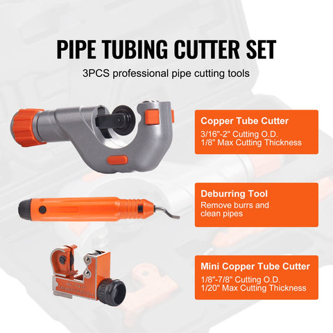 3PCS Tubing Cutter Set, 3/16"-2" O.D. Copper Pipe Cutter, 1/8"-7/8" O.D. Mini Tube Cutter and Deburring Tool, Heavy Duty Pipe Cutter Set for Copper, Aluminum, Stainless Steel, Plastic Pipes