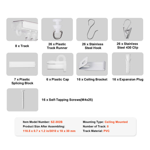 Ceiling Curtain Track Set, 9.9 FT/3 Meter, Self Adhesive, No Drill Ceiling Track System for Curtains, Room Divider Curtain Track Ceiling Mounted for Living Room with Hooks and Hardware, White
