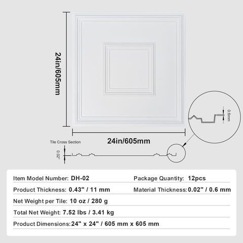 Ceiling Tiles 12-Pack 24 x 24 in PVC Easy Installation White Geometric