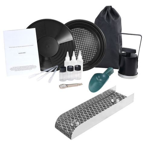 Gold Panning Kit With Mini Sluice Box, 12" Aluminum Gold Mining Equipment, 16 PCS Gold Prospecting Kit with Gold Pan, Classifier Screen, Separating Magnet, Drawstring Backpack and Accessories