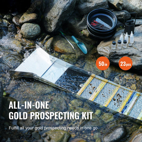 Gold Panning Kit With Sluice Box, 50" Aluminum Gold Mining Equipment, 23 PCS Gold Prospecting Kit with Gold Pan, Classifier Screen, Separating Magnet, Drawstring Backpack and Accessories