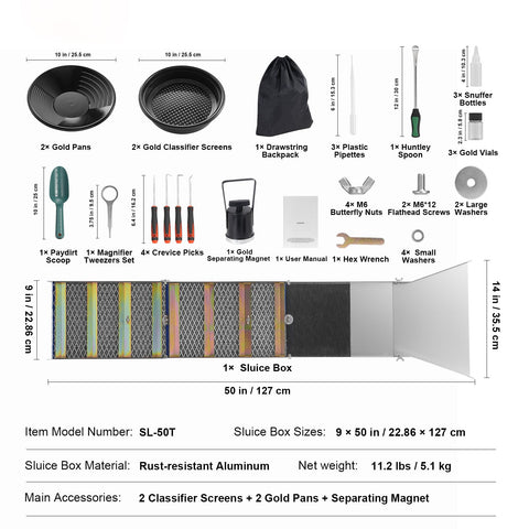 Gold Panning Kit With Sluice Box, 50" Aluminum Gold Mining Equipment, 23 PCS Gold Prospecting Kit with Gold Pan, Classifier Screen, Separating Magnet, Drawstring Backpack and Accessories