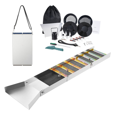 Gold Panning Kit With Sluice Box, 50" Aluminum Gold Mining Equipment, 23 PCS Gold Prospecting Kit with Gold Pan, Classifier Screen, Separating Magnet, Drawstring Backpack and Accessories