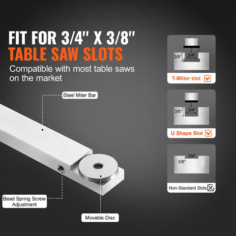 Precision Miter Gauge, Standard Slot 3/4'' x 3/8'', Aluminum Alloy Table Saw Miter Gauge with 19-35 in Grating 15 Angle Stops Adjustable Spring Loaded Plunger and Removable Disc, for Woodworking