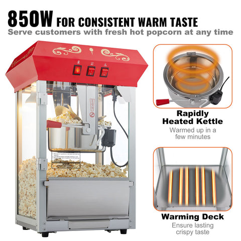 Popcorn Popper Machine Countertop Popcorn Maker 850W 8 Oz 48 Cups Red