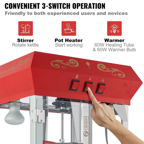 Popcorn Popper Machine Countertop Popcorn Maker 850W 8 Oz 48 Cups Red