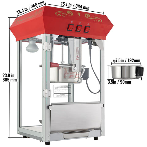 Popcorn Popper Machine Countertop Popcorn Maker 850W 8 Oz 48 Cups Red