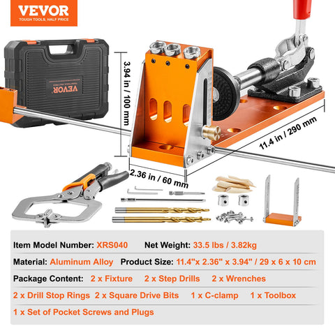 Pocket Hole Jig Kit, 34 Pcs Pocket Hole Jig System with C-clamp, Fixture, Step Drills, Wrenches, Drill Stop Rings, Square Drive Bits, Toolbox, for DIY Carpentry Projects, Adjustable
