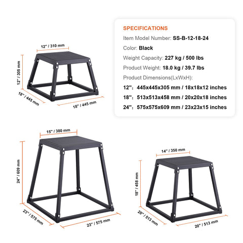 Plyometric Jump Boxes, 12/18/24 Inch Plyo Box, Platform and Jumping Agility Box, Anti-Slip Fitness Exercise Step Up Box Set for Home Gym Training, Conditioning Strength Training, Black