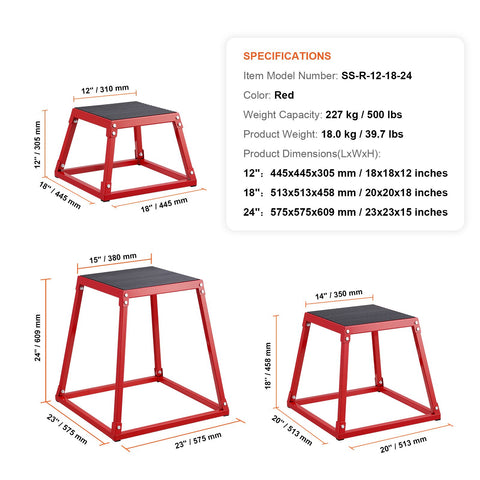 Plyometric Jump Boxes, 12/18/24 Inch Plyo Box, Platform and Jumping Agility Box, Anti-Slip Fitness Exercise Step Up Box Set for Home Gym Training, Conditioning Strength Training, Red