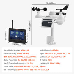 VEVOR 7-in-1 Wi-Fi Weather Station 177.8 mm TFT Display Wireless Outdoor Sensor