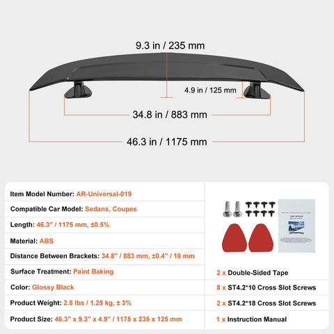 Universal Rear Spoiler 46.3'' GT Style Trunk Wing for Sedans and Coupes