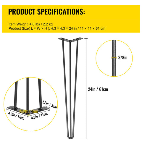 Hairpin Table Legs 24 inch Black Set of 4 Desk Legs Each 220lbs Capacity Hairpin Desk Legs 3 Rods for Bench Desk Dining End Table Chairs Carbon Steel DIY Table Legs Heavy Duty Furniture Legs