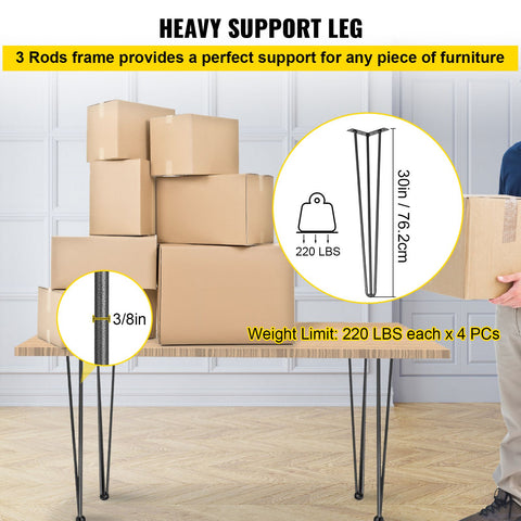 Hairpin Table Legs 30 inch Black Set of 4 Desk Legs Each 220lbs Capacity Hairpin Desk Legs 3 Rods for Bench Desk Dining End Table Chairs Carbon Steel DIY Table Legs Heavy Duty Furniture Legs