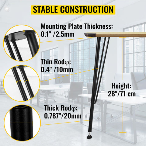 Hairpin Table Legs Metal Coffee Table Legs Desk 28" Height 3-Rod Set of 4