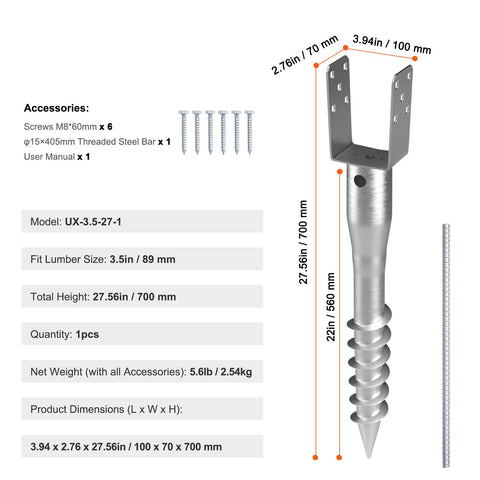 No Dig Ground Anchor, 1 Pack 10 x 7 x 70 cm DIY Screw in Post Stake, Includes 6 Lag Bolts & a Rebar, U-Shape Heavy Duty Steel Post Holder, Great for Mailbox Posts and Fence Posts