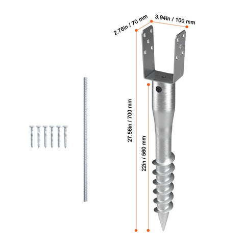 No Dig Ground Anchor, 1 Pack 10 x 7 x 70 cm DIY Screw in Post Stake, Includes 6 Lag Bolts & a Rebar, U-Shape Heavy Duty Steel Post Holder, Great for Mailbox Posts and Fence Posts