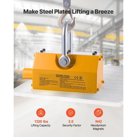 Permanent Magnetic Lifter, 600 kg Pulling Capacity, Heavy Duty N42 Neodymium Lifting Magnet with Release Handle and Steel Hook, Used in Shop Crane and Hoist, for Lifting Plate Steel, Board