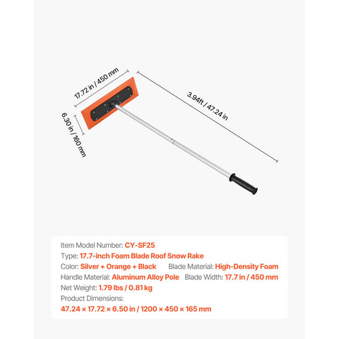 VEVOR Snow Roof Rake, 1.2m Long Reach Car Roof Snow Scraper, 45cm Foam Blade for No Scratches, Non-Slip Handle, Lightweight Snows Removal Tool for Vehicle Garage Rooftop Leaves Debris Clearing