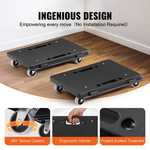 Furniture Dolly, 500 lbs Capacity Each Count, Furniture Mover with Wheels, Portable Moving Rollers 4 Wheels Heavy Duty, Small Flat Dolly Cart with Interlocking for Heavy Furniture, 2 Pack, Black