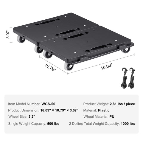 Furniture Dolly, 500 lbs Capacity Each Count, Furniture Mover with Wheels, Portable Moving Rollers 4 Wheels Heavy Duty, Small Flat Dolly Cart with Interlocking for Heavy Furniture, 2 Pack, Black